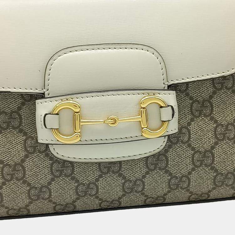 Pre Owned Gucci Beige White Coated Canvas and Leather Horsebit 1955 Mini Bag