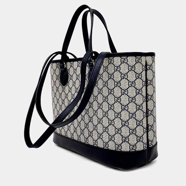Pre Owned Gucci Beige Navy Blue PVC Ophidia Gg Small Tote Bag