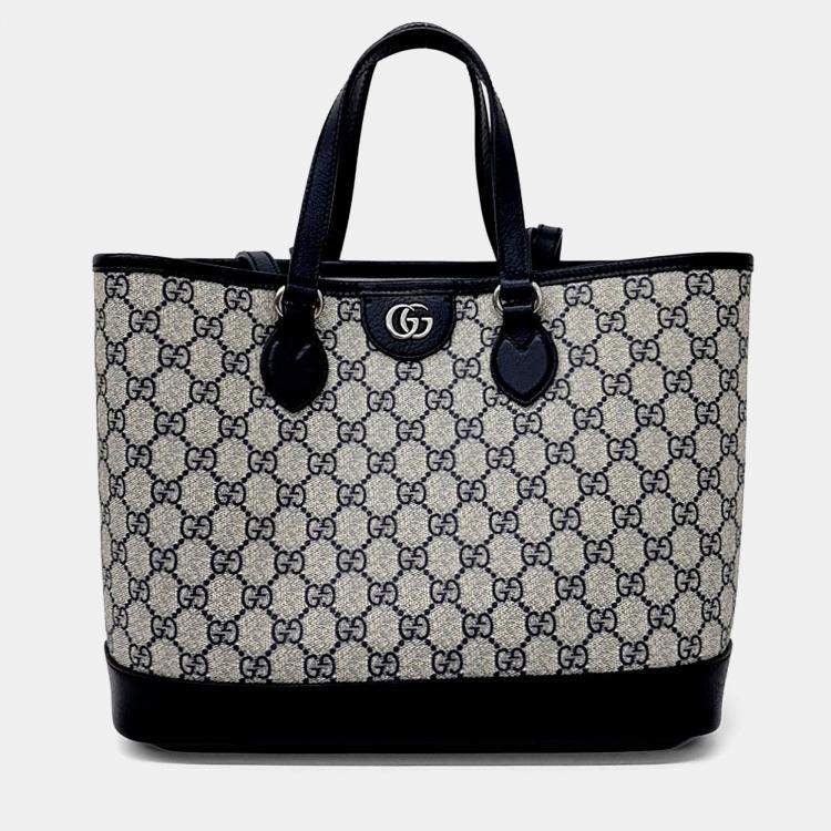 Pre Owned Gucci Beige Navy Blue PVC Ophidia Gg Small Tote Bag