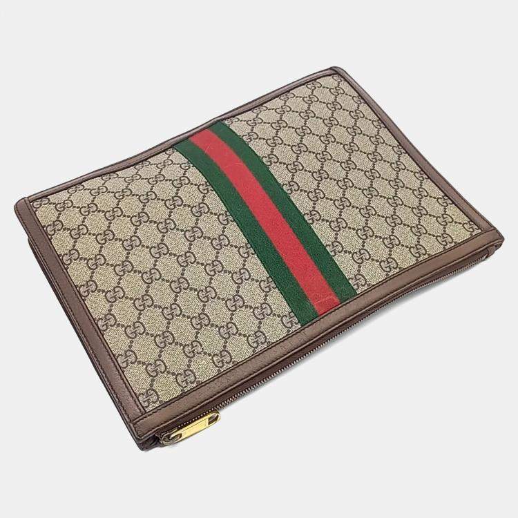 مملوكة مسبقًا Gucci Beige Brown Leather and PVC Supreme Portfolio Clutch