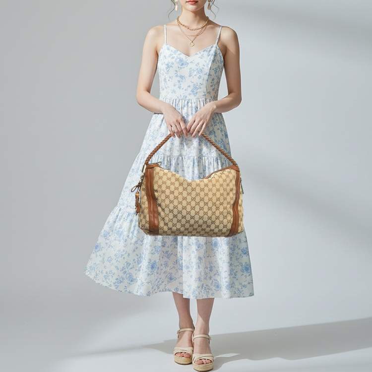 Pre Owned Gucci Bella Medium Brown/Beige GG Canvas and Leather Hobo