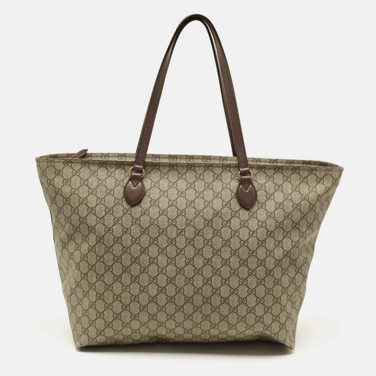 Pre Owned Gucci Top Zip Beige GG Supreme Canvas Tote