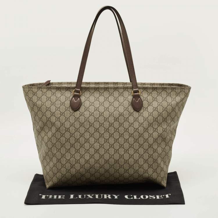 Pre Owned Gucci Top Zip Beige GG Supreme Canvas Tote