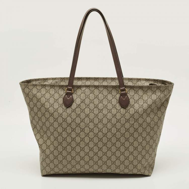Pre Owned Gucci Top Zip Beige GG Supreme Canvas Tote