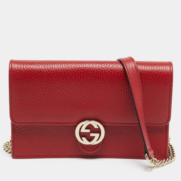 Pre Owned Gucci Interlocking G Red Leather Wallet On Chain