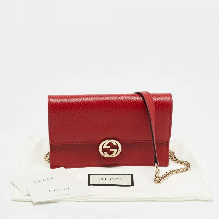 Pre Owned Gucci Interlocking G Red Leather Wallet On Chain