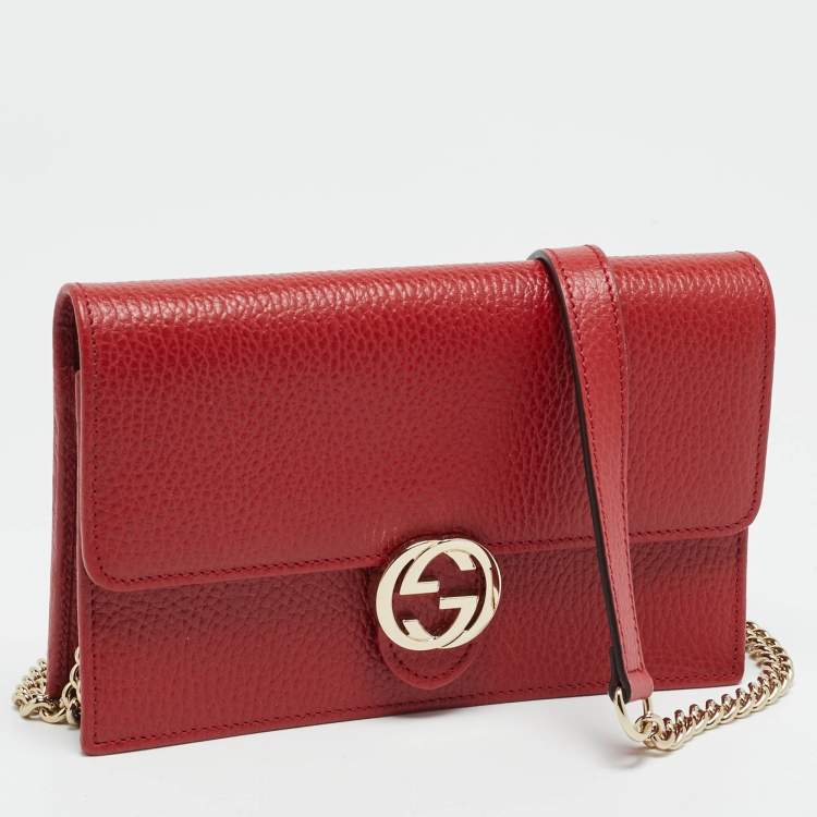 Pre Owned Gucci Interlocking G Red Leather Wallet On Chain