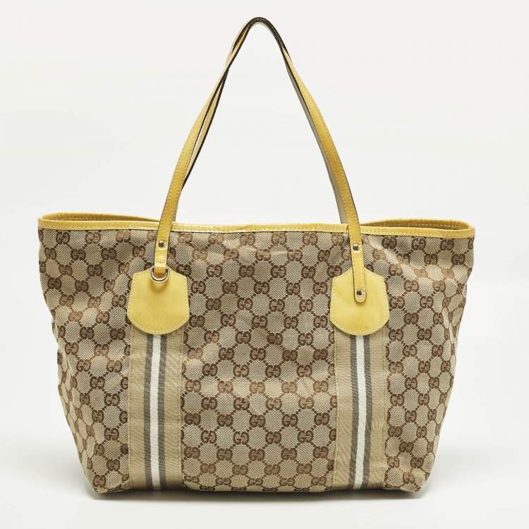 Pre Owned Gucci Jolie Yellow/Beige Canvas and Patent Leather Tote