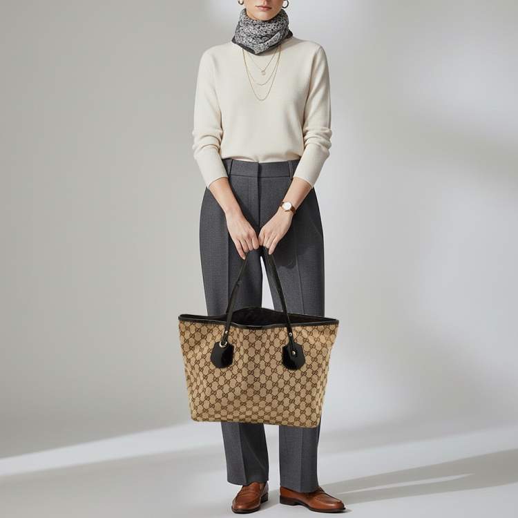 مملوكة مسبقًا Gucci Jolie Black/Beige GG Canvas and Patent Leather Tote