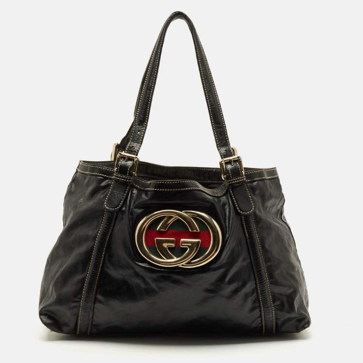 Pre Owned Gucci Dialux Britt Medium Black Coated Fabric and Patent Leather Tote