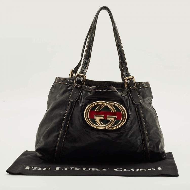 Pre Owned Gucci Dialux Britt Medium Black Coated Fabric and Patent Leather Tote