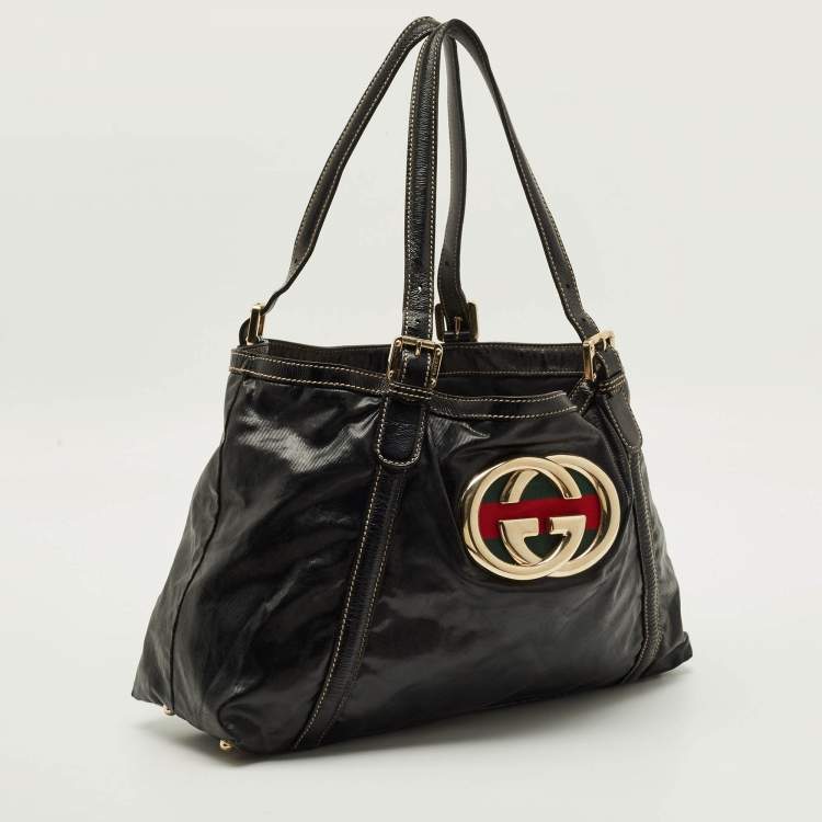 Pre Owned Gucci Dialux Britt Medium Black Coated Fabric and Patent Leather Tote