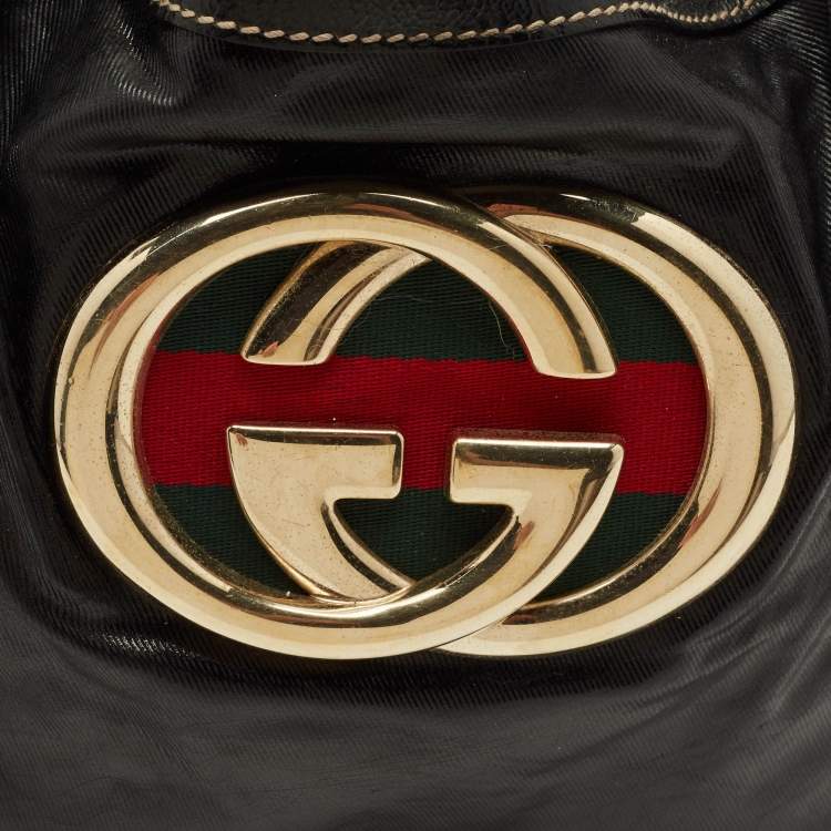 Pre Owned Gucci Dialux Britt Medium Black Coated Fabric and Patent Leather Tote