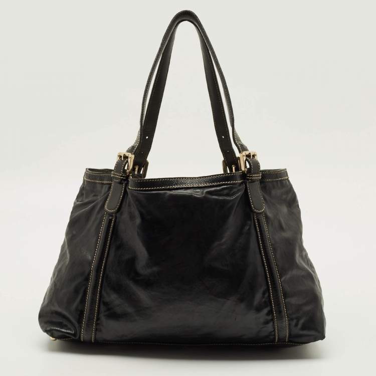 Pre Owned Gucci Dialux Britt Medium Black Coated Fabric and Patent Leather Tote