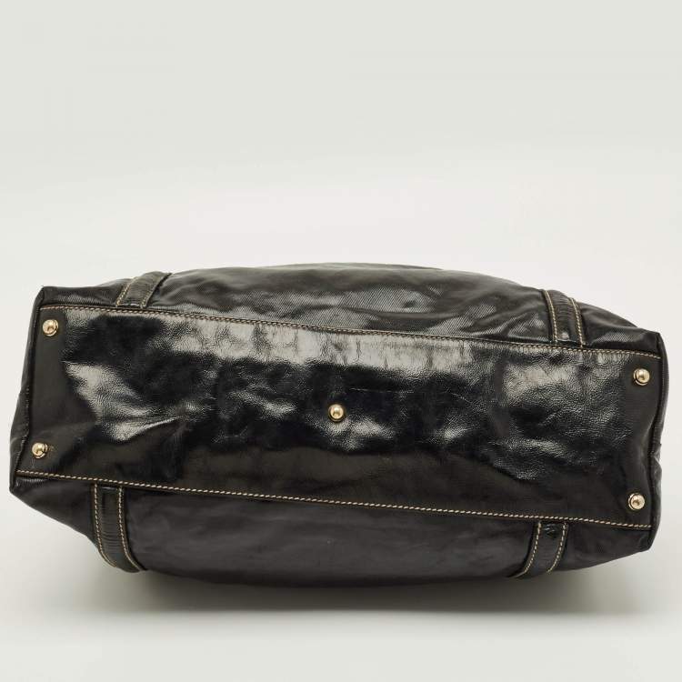 Pre Owned Gucci Dialux Britt Medium Black Coated Fabric and Patent Leather Tote