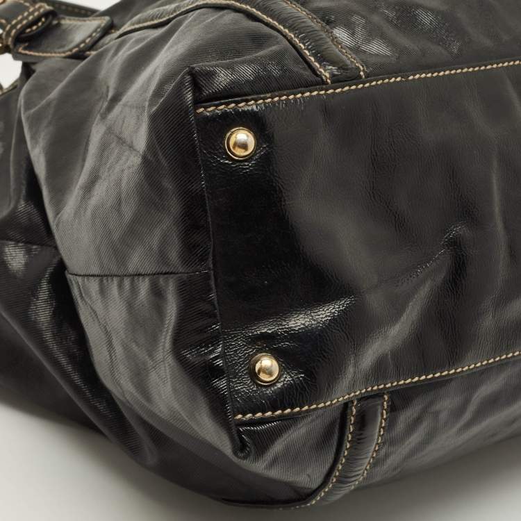 Pre Owned Gucci Dialux Britt Medium Black Coated Fabric and Patent Leather Tote