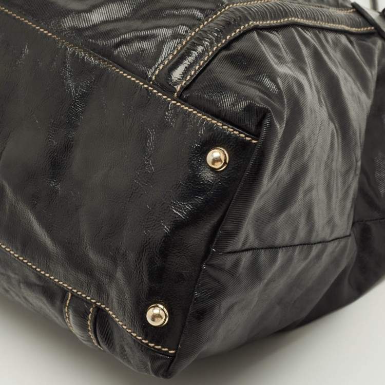 Pre Owned Gucci Dialux Britt Medium Black Coated Fabric and Patent Leather Tote