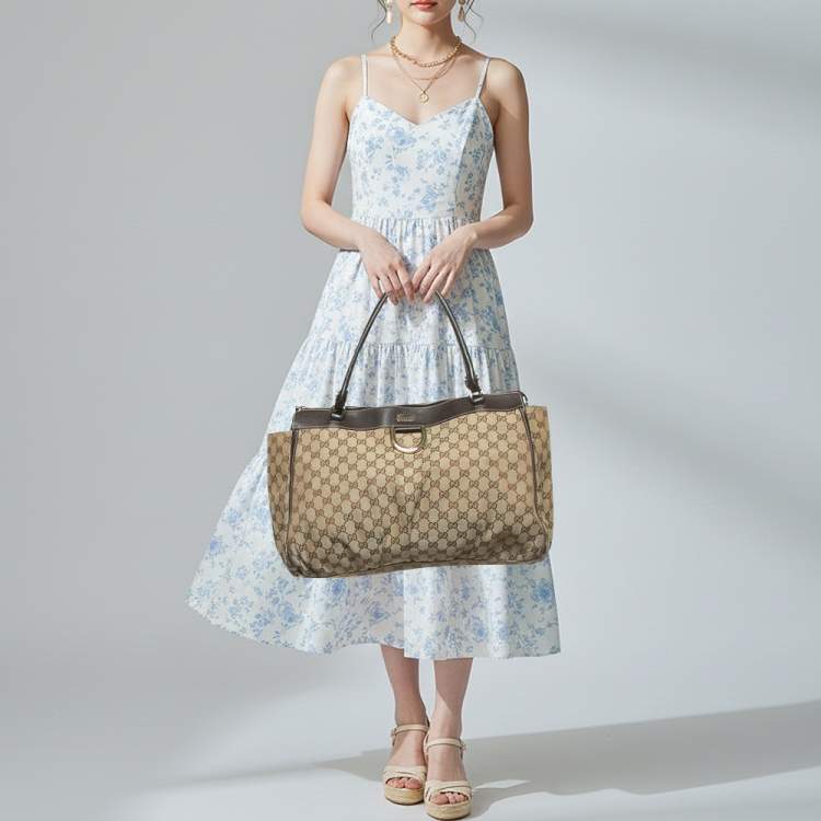 مملوكة مسبقًا Gucci Abbey Large Dark Brown/Beige GG Canvas Tote