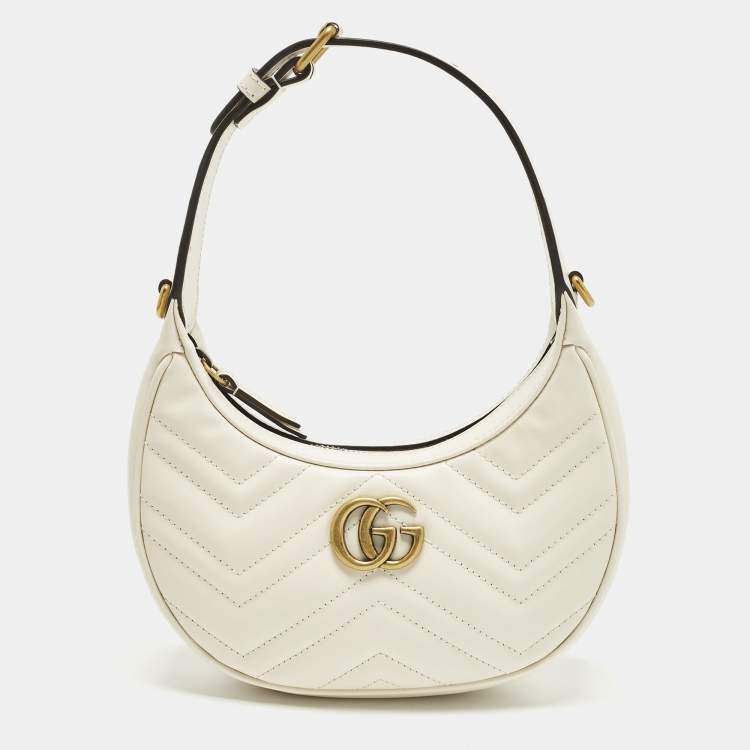 Pre Owned Gucci GG Marmont Small Off White Matelassé Leather Hobo
