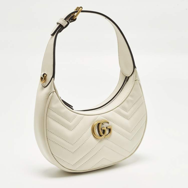 Pre Owned Gucci GG Marmont Small Off White Matelassé Leather Hobo