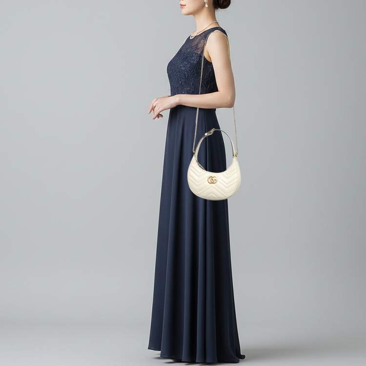 Pre Owned Gucci GG Marmont Small Off White Matelassé Leather Hobo