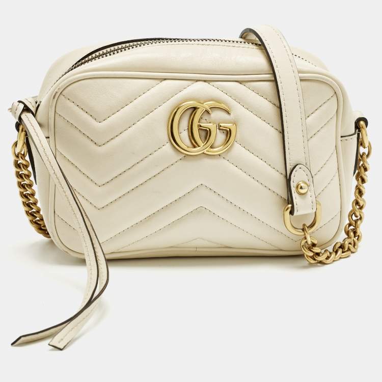 Pre Owned Gucci GG Marmont Mini Off White Matelassé Leather Camera Bag