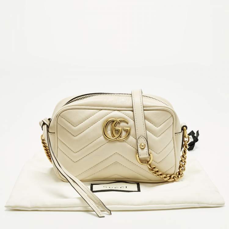 Pre Owned Gucci GG Marmont Mini Off White Matelassé Leather Camera Bag