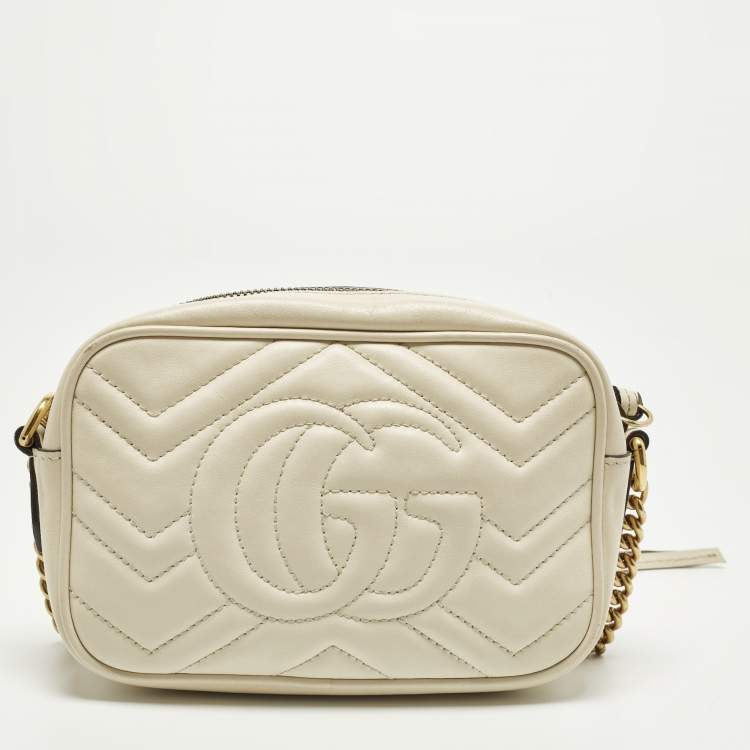 Pre Owned Gucci GG Marmont Mini Off White Matelassé Leather Camera Bag