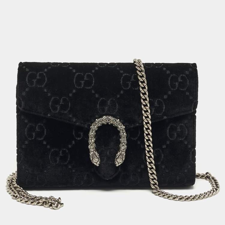 Pre Owned Gucci Dionysus Crystal Black GG Velvet Wallet On Chain
