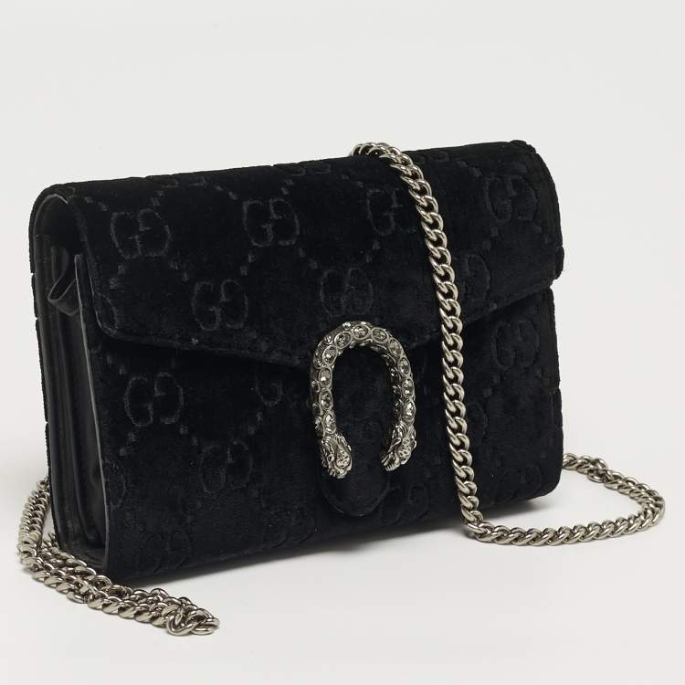 Pre Owned Gucci Dionysus Crystal Black GG Velvet Wallet On Chain