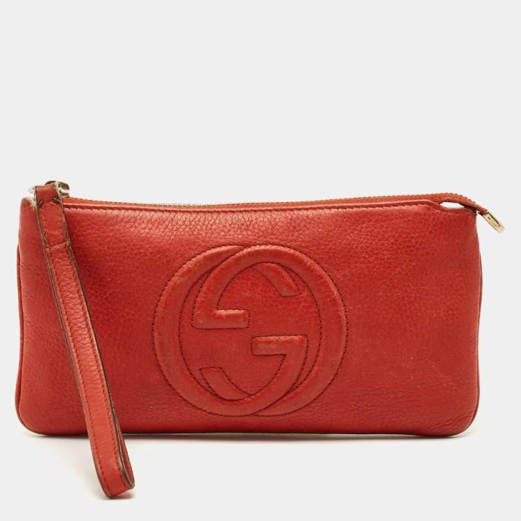 Pre Owned Gucci Soho Orange Leather Wristlet Pouch