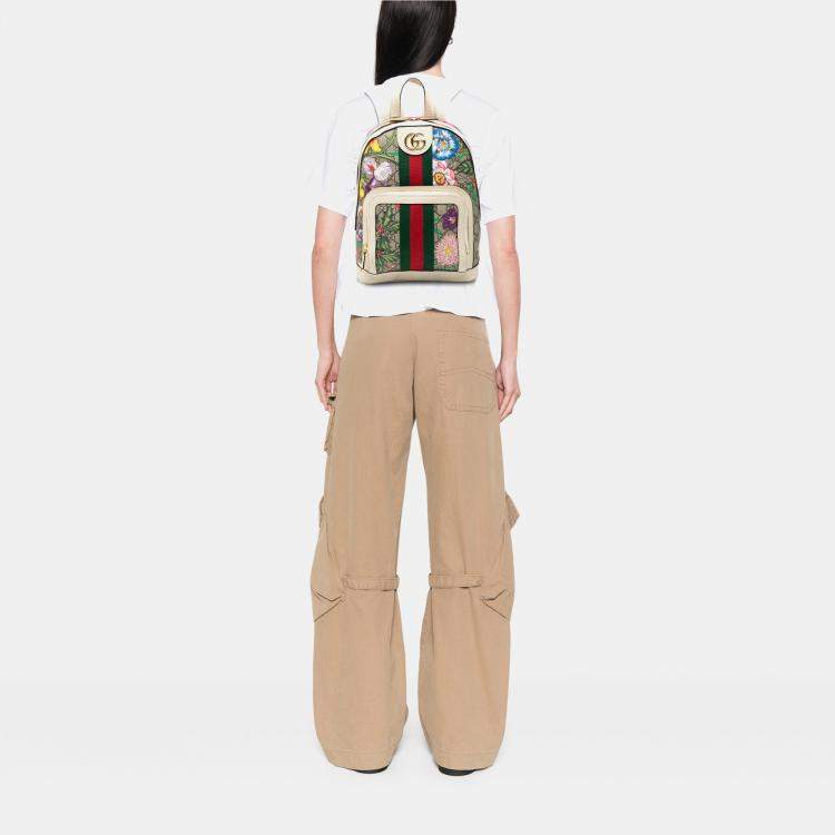 Pre Owned Gucci Brown Small GG Supreme Flora Ophidia Backpack