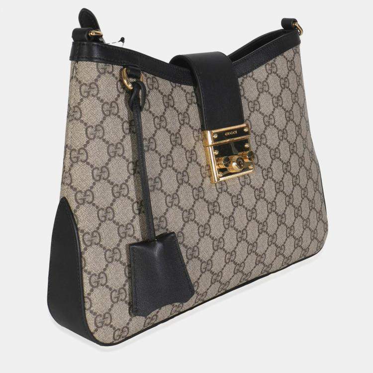 Pre Owned Gucci Beige Black GG Supreme Monogram Canvas Medium Padlock Shoulder Bag