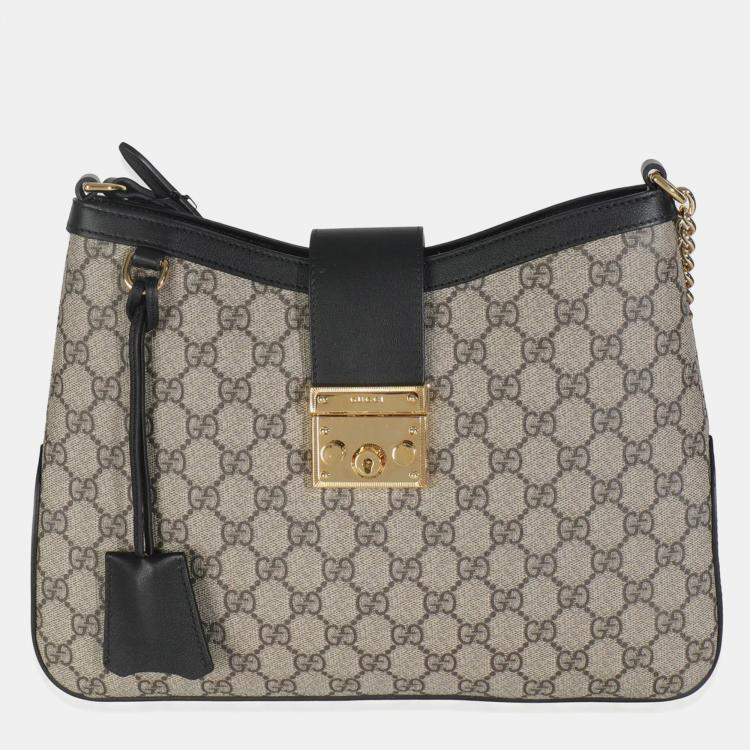 Pre Owned Gucci Beige Black GG Supreme Monogram Canvas Medium Padlock Shoulder Bag