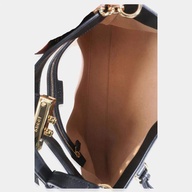 Pre Owned Gucci Beige Black GG Supreme Monogram Canvas Medium Padlock Shoulder Bag