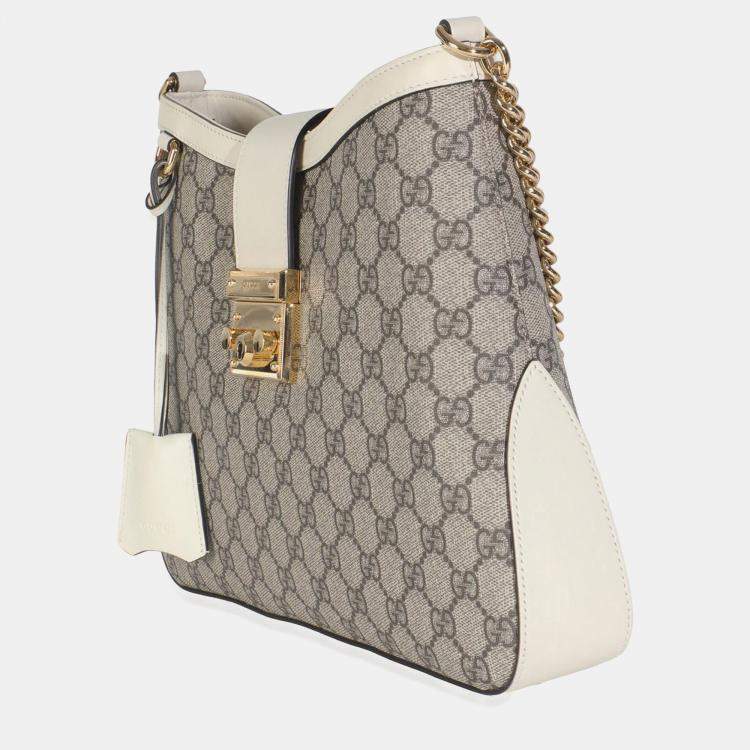 مملوكة مسبقًا Gucci Beige Ebony GG Supreme Canvas Moon Calfskin Medium Padlock Shoulder Bag
