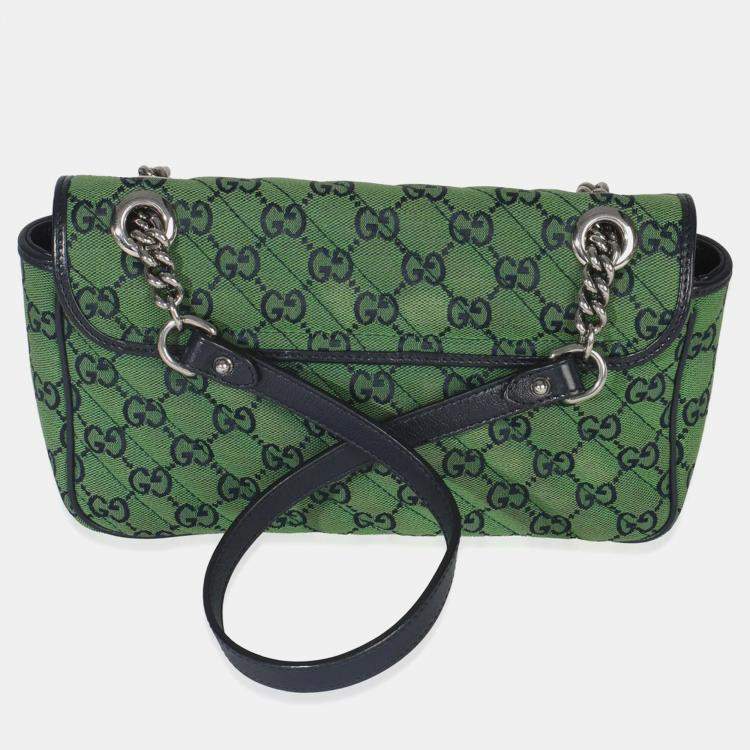 Pre Owned Gucci Green Navy GG Canvas Diagonal Small GG Marmont Bag