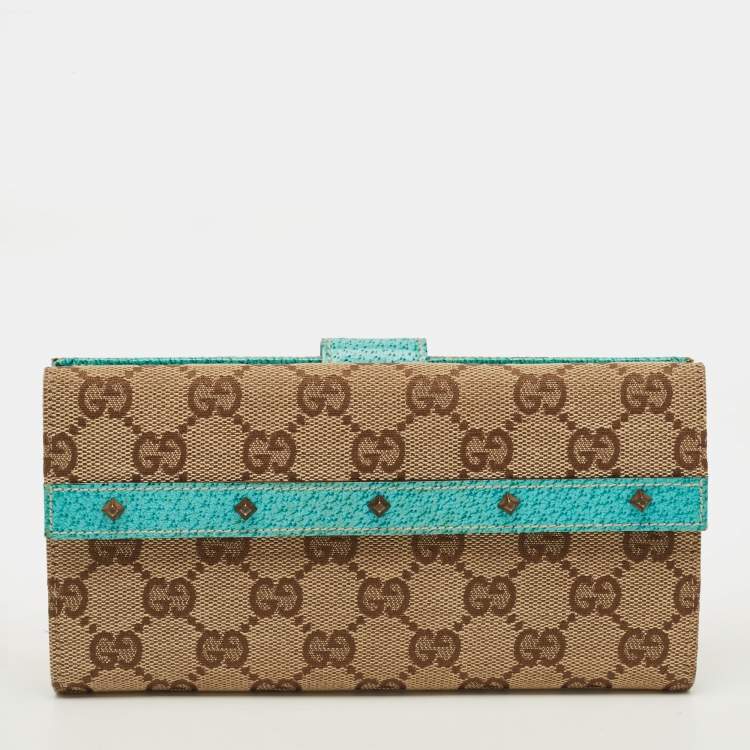 Pre Owned Gucci Studded Flap Beige/Turquoise GG Canvas and Leather French Continental Wallet