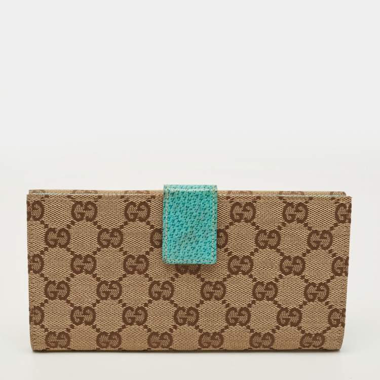Pre Owned Gucci Studded Flap Beige/Turquoise GG Canvas and Leather French Continental Wallet