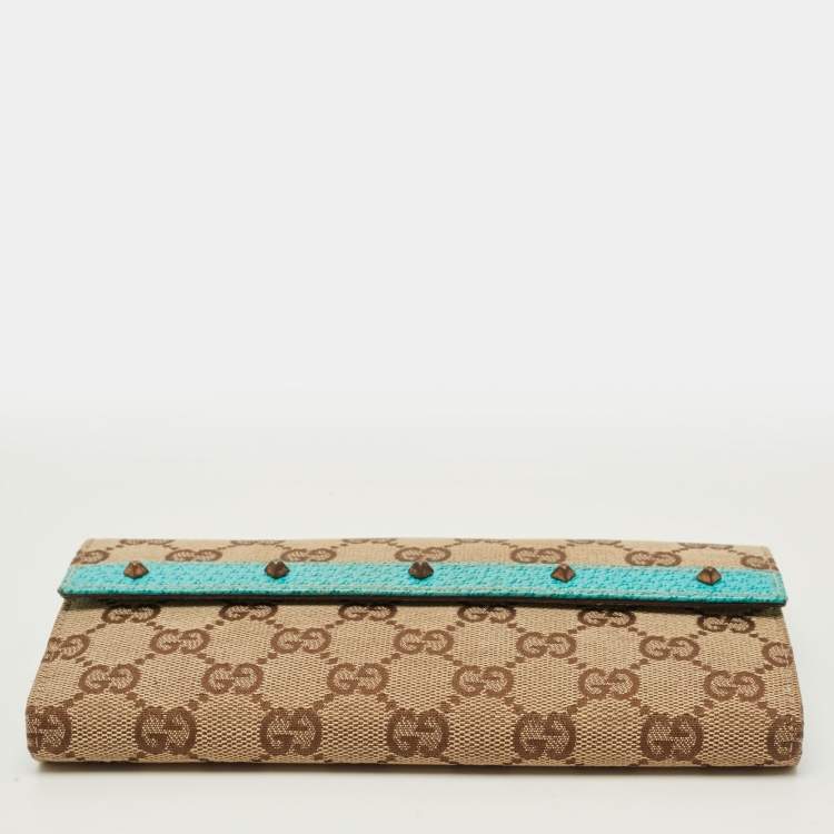 Pre Owned Gucci Studded Flap Beige/Turquoise GG Canvas and Leather French Continental Wallet