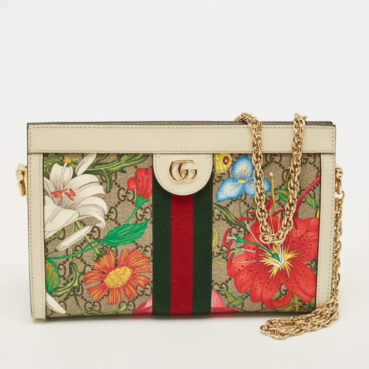 Pre Owned Gucci Ophidia Small Off White/Multicolor Flora GG Supreme Canvas Shoulder Bag