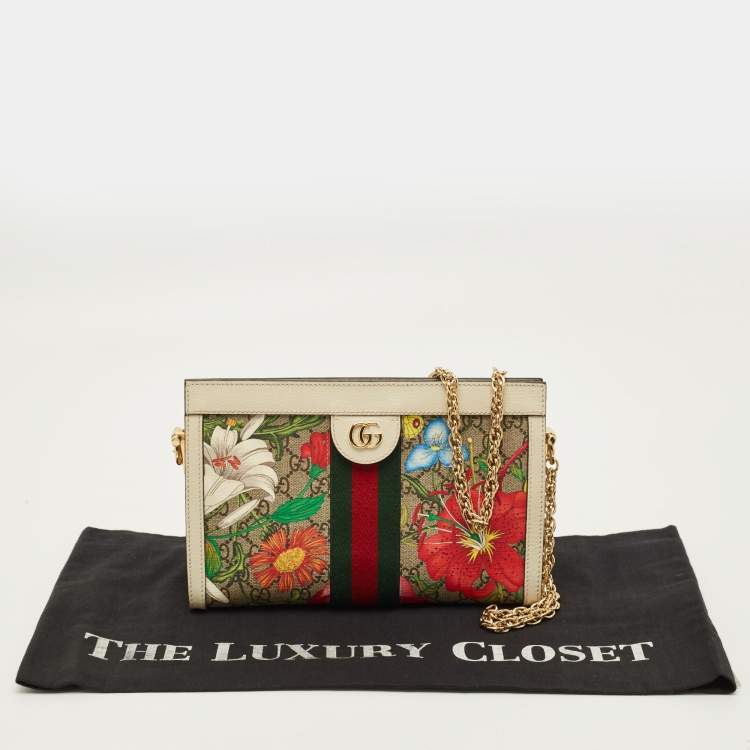 Pre Owned Gucci Ophidia Small Off White/Multicolor Flora GG Supreme Canvas Shoulder Bag