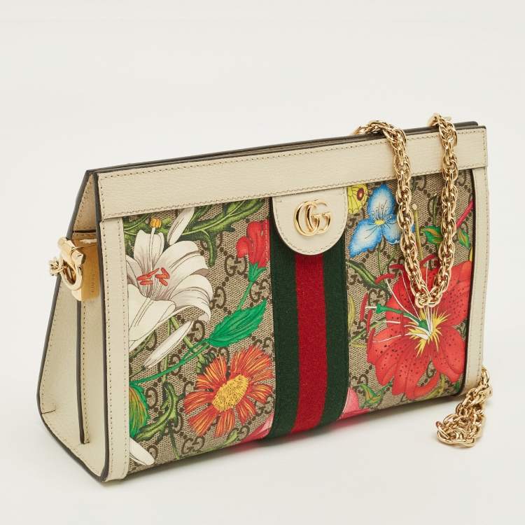 Pre Owned Gucci Ophidia Small Off White/Multicolor Flora GG Supreme Canvas Shoulder Bag
