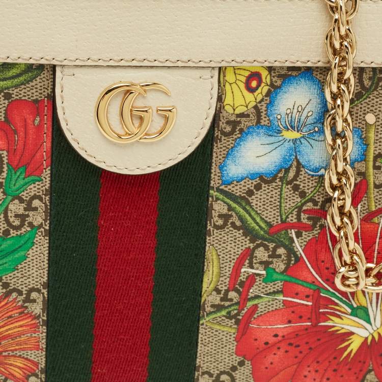Pre Owned Gucci Ophidia Small Off White/Multicolor Flora GG Supreme Canvas Shoulder Bag