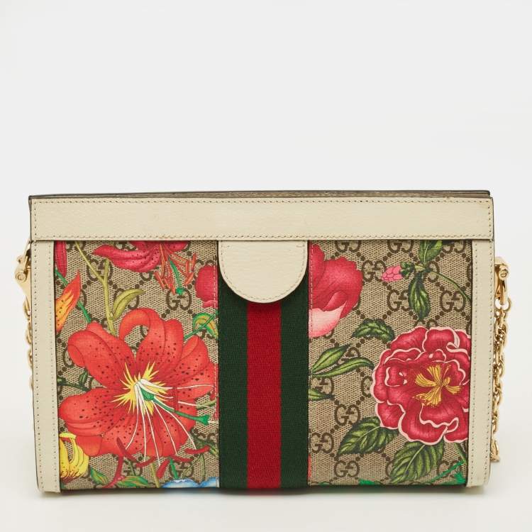 Pre Owned Gucci Ophidia Small Off White/Multicolor Flora GG Supreme Canvas Shoulder Bag