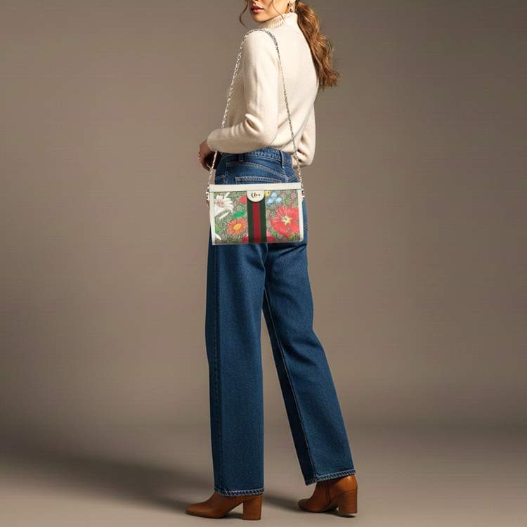 Pre Owned Gucci Ophidia Small Off White/Multicolor Flora GG Supreme Canvas Shoulder Bag