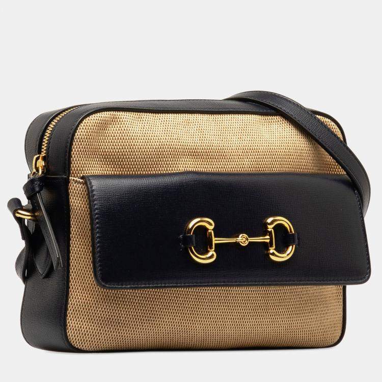 Pre Owned Gucci Blue Brown Horsebit 1955 Flap Pocket Camera Bag
