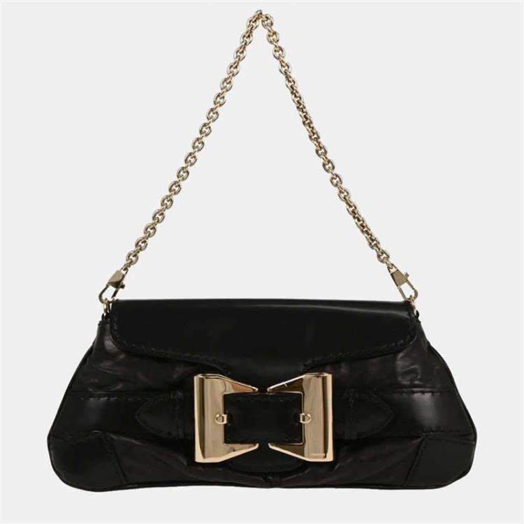 Pre Owned Gucci Queen Chain Black Leather Shoulder Bag