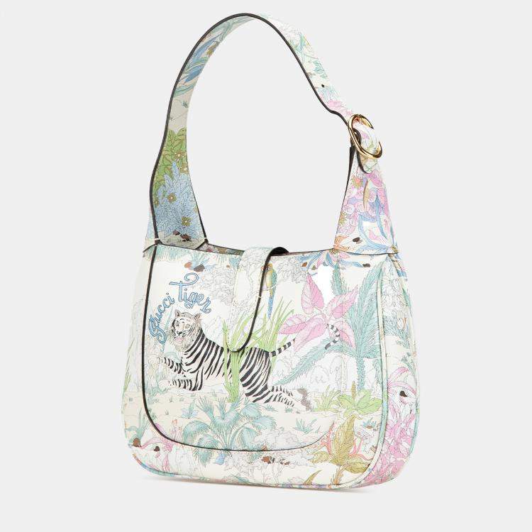 Pre Owned Gucci White Yuko Higuchi Small Calfskin  Floral Print Jackie 1961