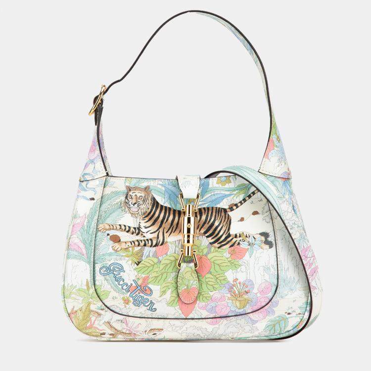 Pre Owned Gucci White Yuko Higuchi Small Calfskin  Floral Print Jackie 1961